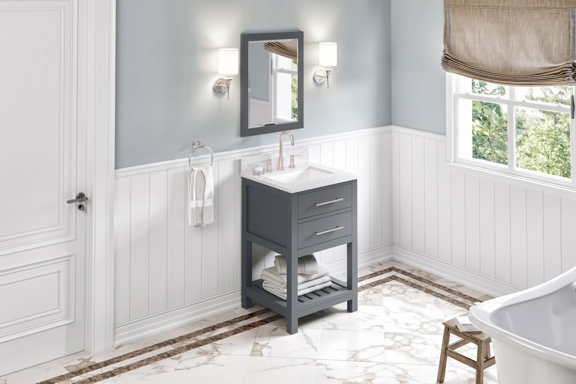 24" Grey Wavecrest Vanity, White Carrara Marble Vanity Top, undermount rectangle bowl