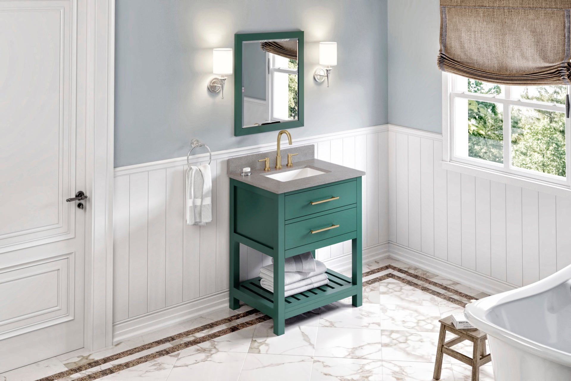 30" Forest Green Wavecrest Vanity, Steel Grey Cultured Marble Vanity Top, undermount rectangle bowl