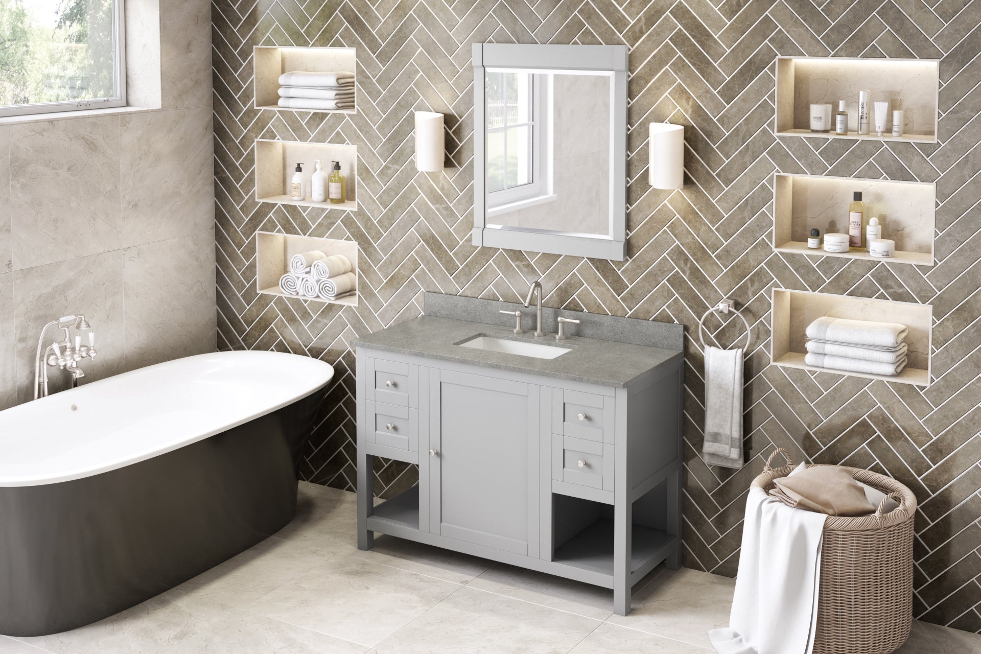48" Grey Astoria Vanity, Steel Grey Cultured Marble Vanity Top, undermount rectangle bowl