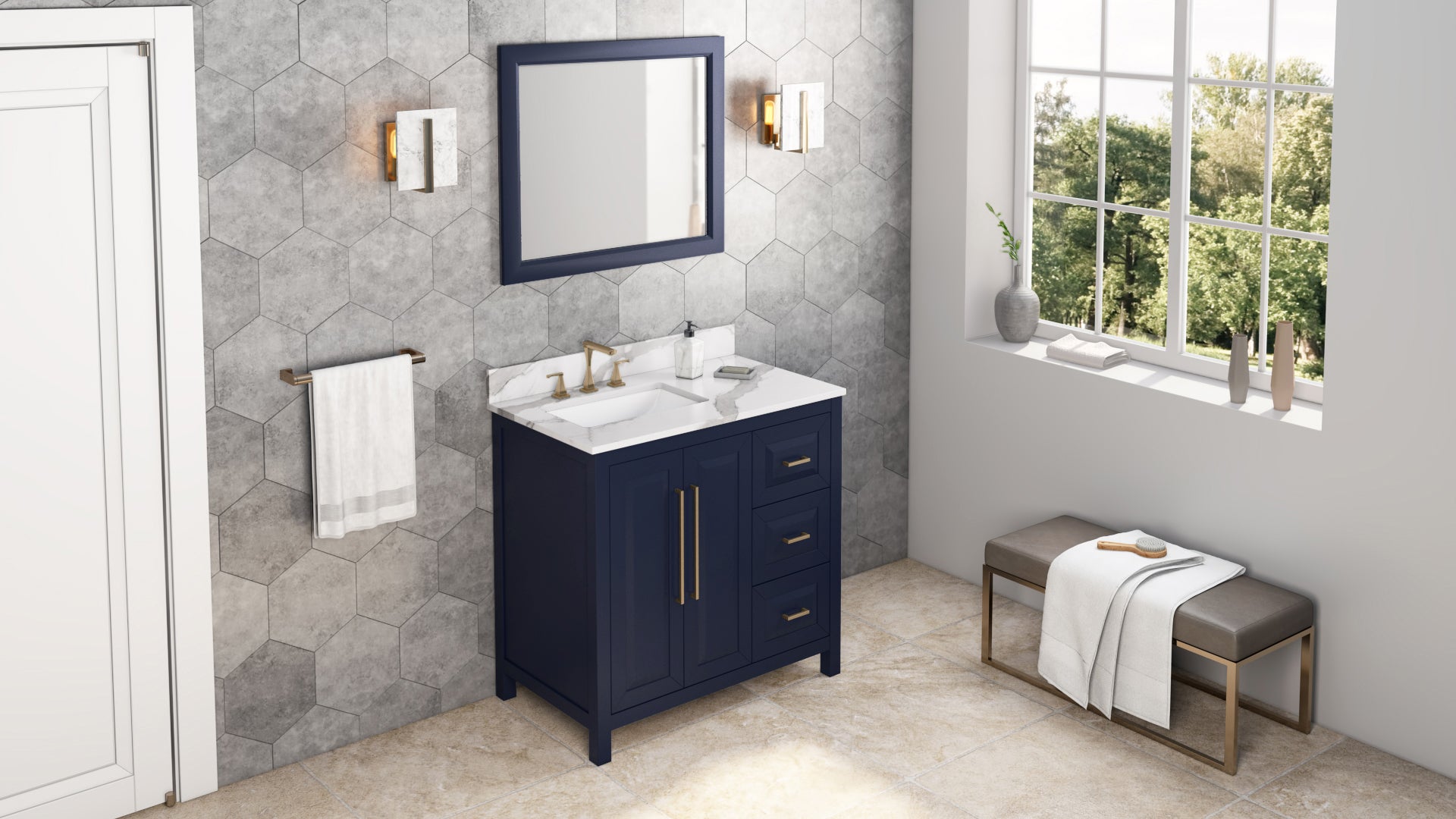 36" Hale Blue Cade Vanity, left offset, Calacatta Vienna Quartz Vanity Top, undermount rectangle bowl