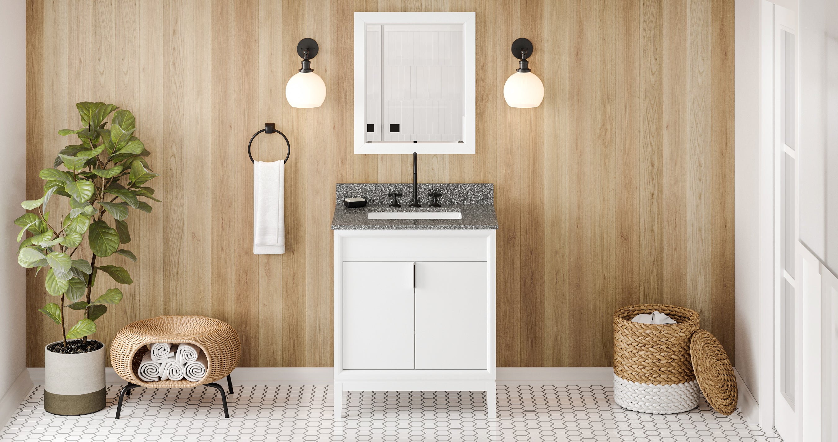 30" White Theodora Vanity, Boulder Cultured Marble Vanity Top, undermount rectangle bowl | KitchBath