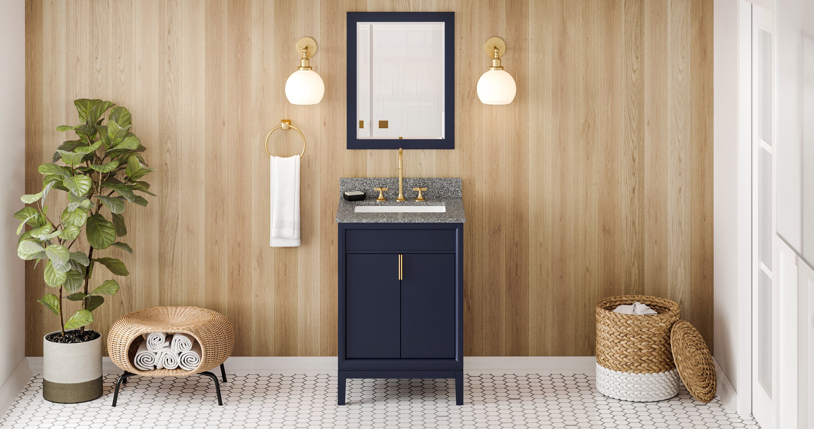 24" Hale Blue Theodora Vanity, Boulder Cultured Marble Vanity Top, undermount rectangle bowl | KitchBath