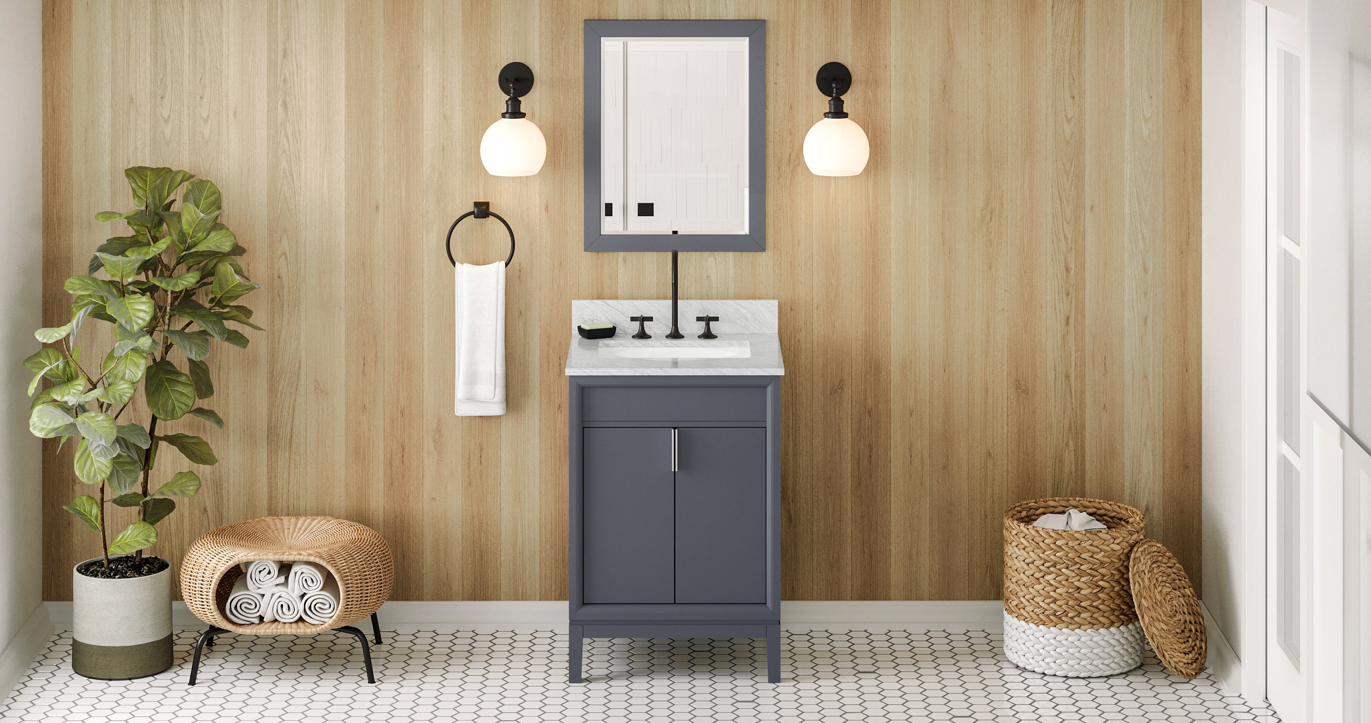 24" Blue Steel Theodora Vanity, White Carrara Marble Vanity Top, undermount rectangle bowl | KitchBath