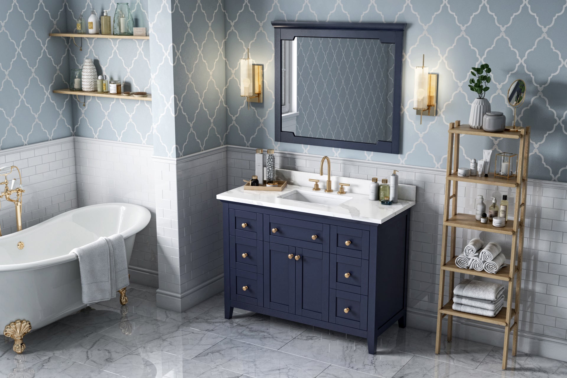 48" Hale Blue Chatham Vanity, Calacatta Vienna Quartz Vanity Top, undermount rectangle bowl