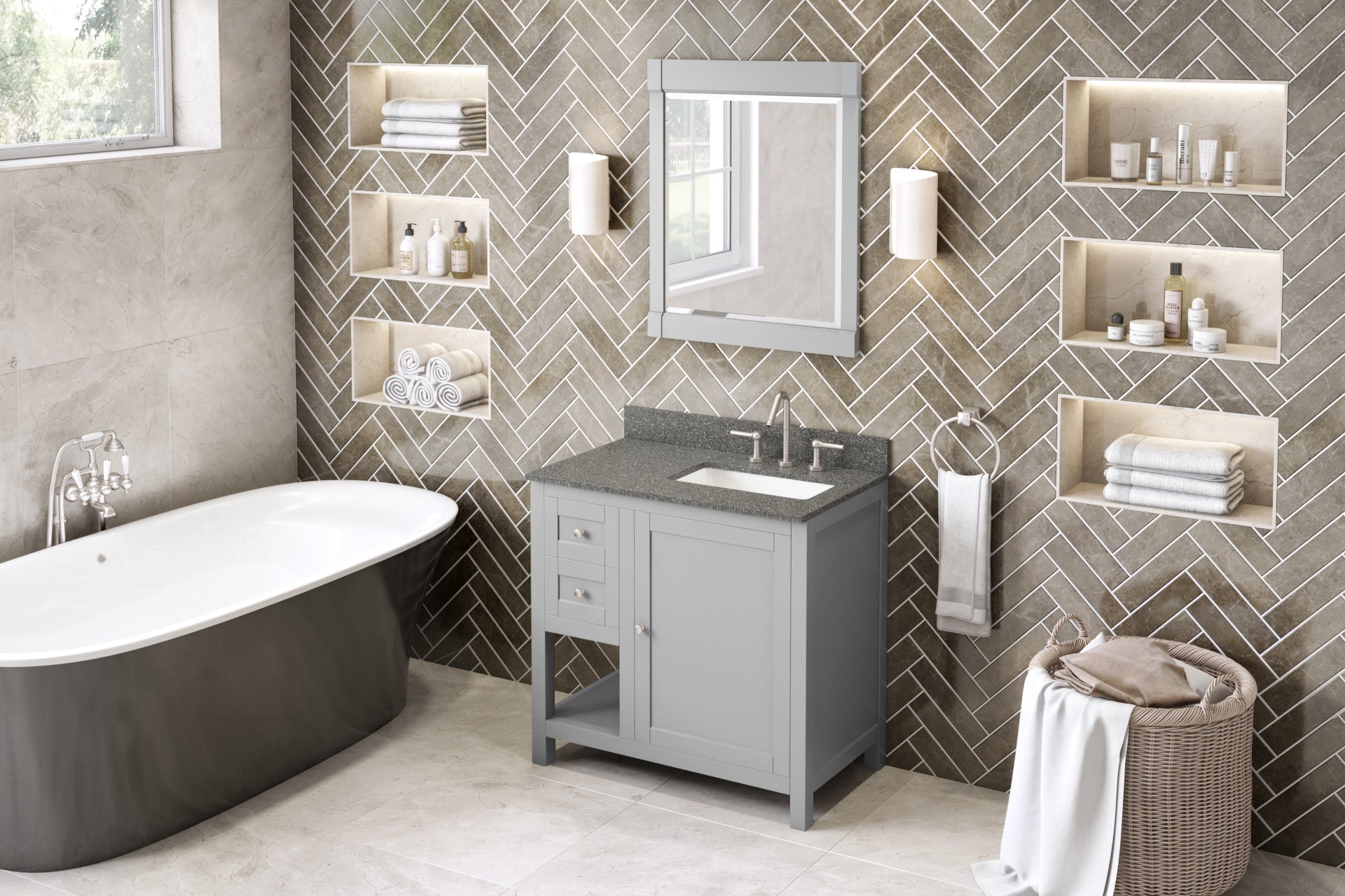 36" Grey Astoria Vanity, right offset, Boulder Cultured Marble Vanity Top, undermount rectangle bowl