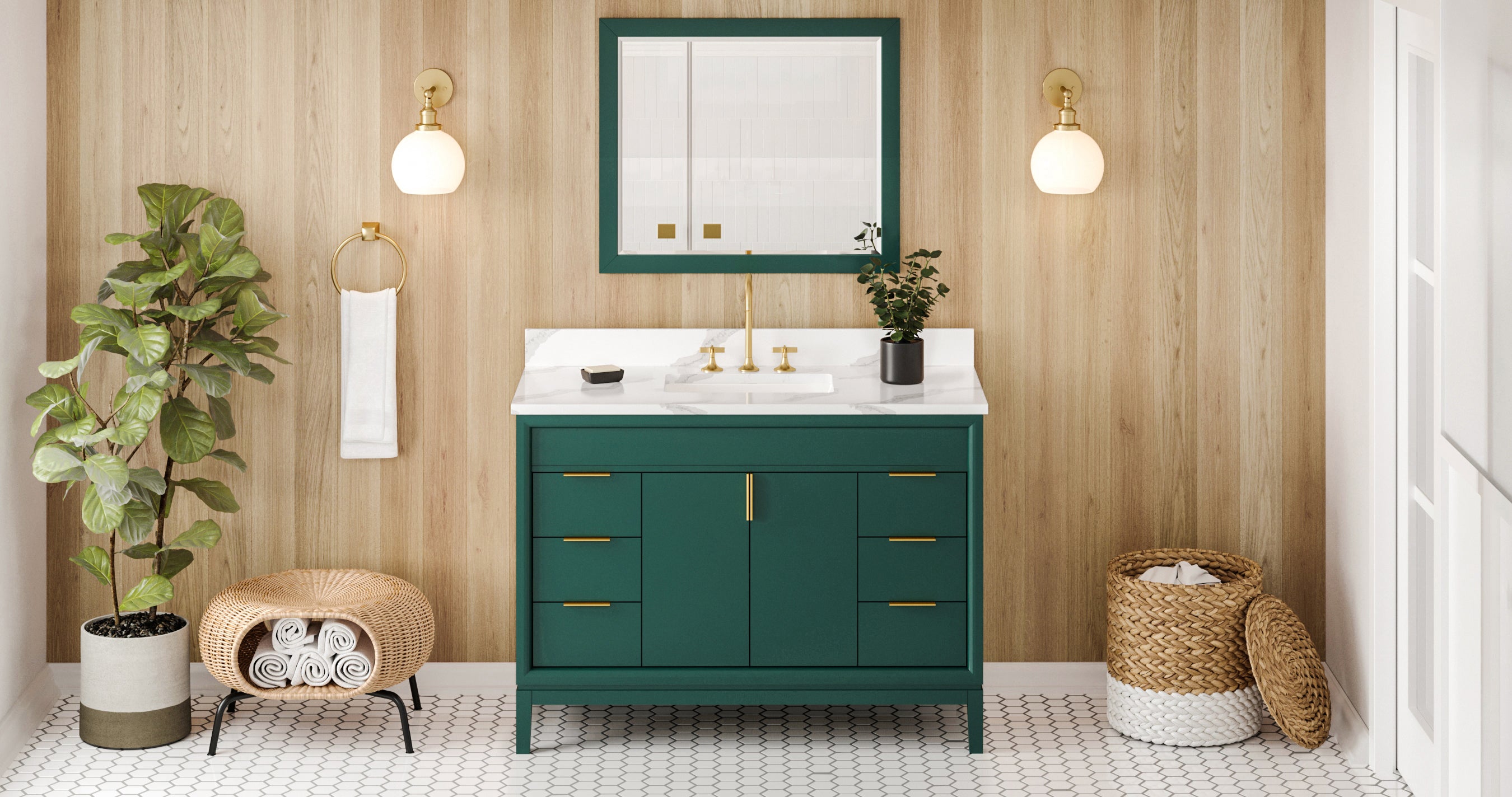 48" Forest Green Theodora Vanity, Calacatta Vienna Quartz Vanity Top, undermount rectangle bowl | KitchBath