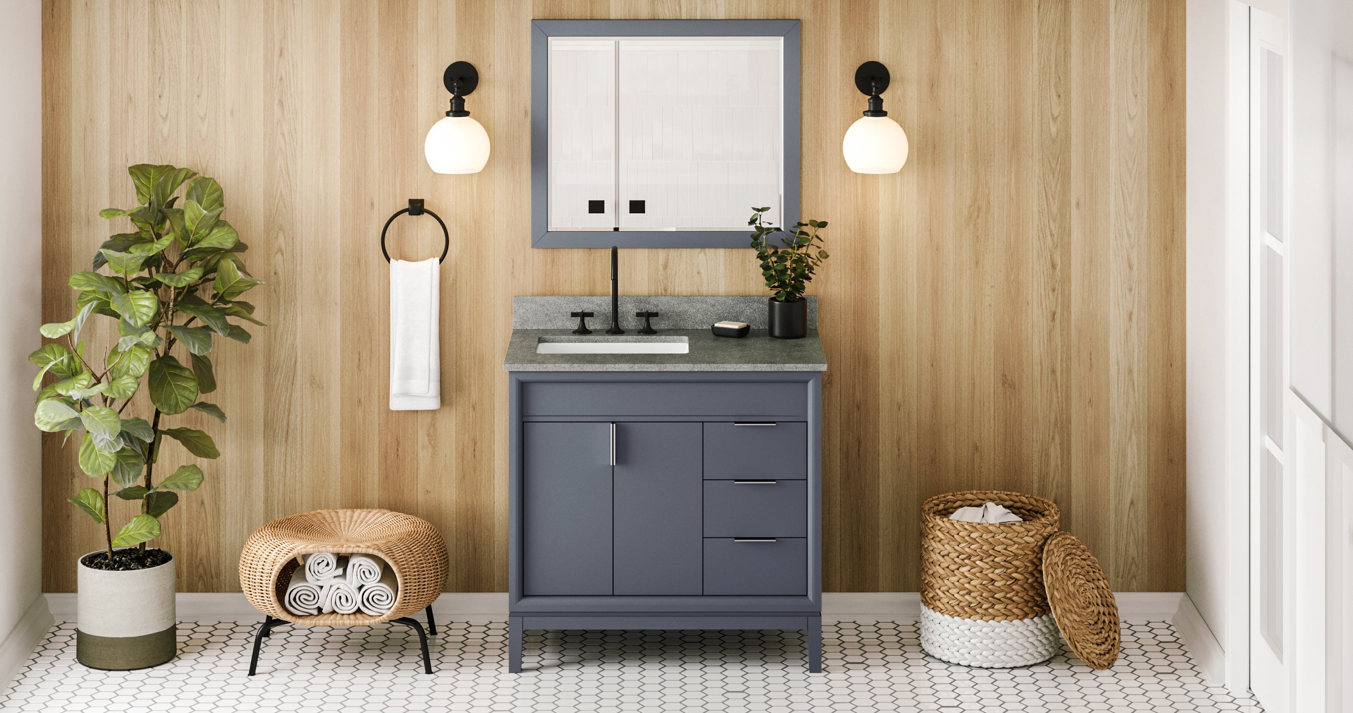 36" Blue Steel Theodora Vanity, left offset, Steel Grey Cultured Marble Vanity Top, undermount rectangle bowl | KitchBath