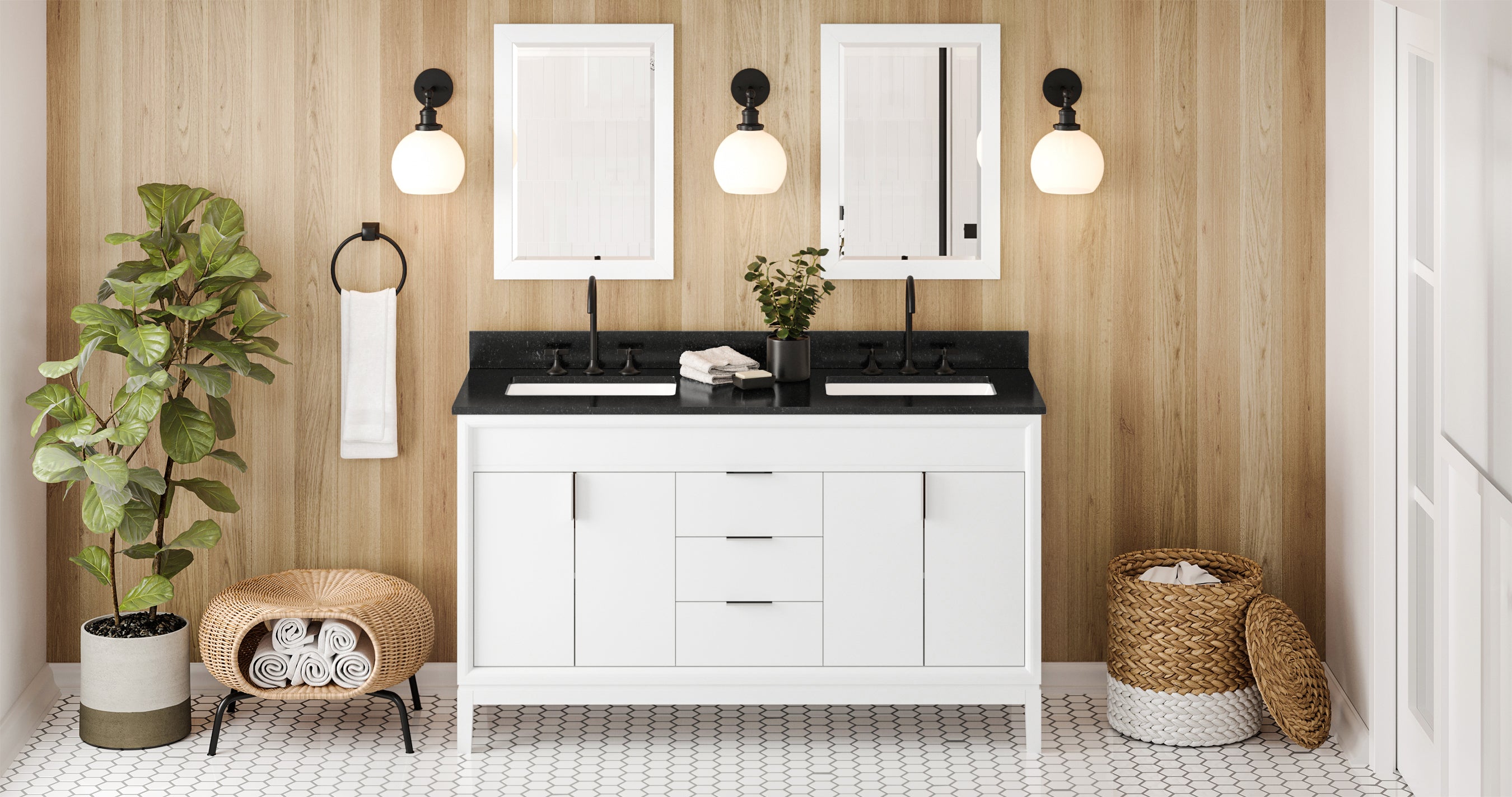 60" White Theodora Vanity, double bowl, Black Granite Vanity Top, two undermount rectangle bowls | KitchBath