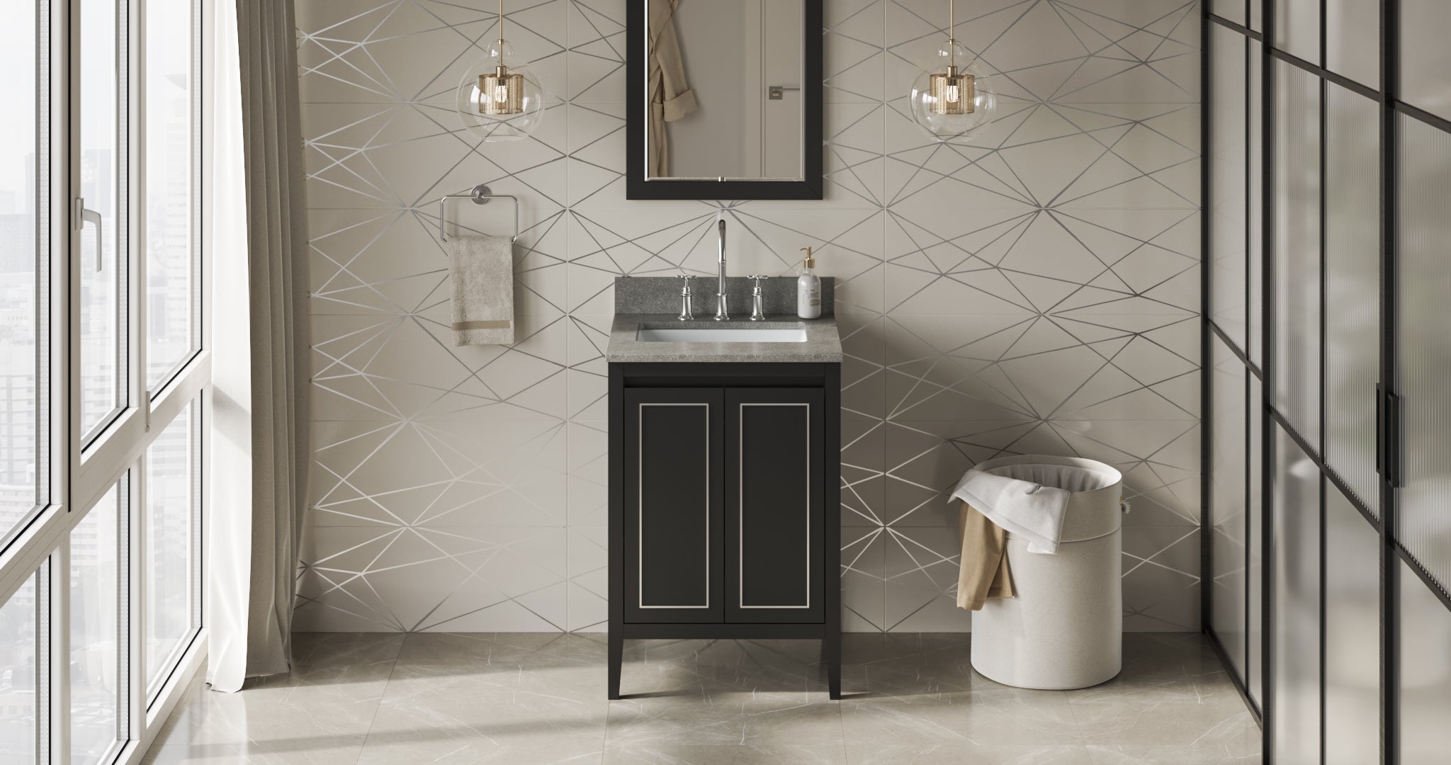 24" Black Percival Vanity, Steel Grey Cultured Marble Vanity Top, undermount rectangle bowl | KitchBath