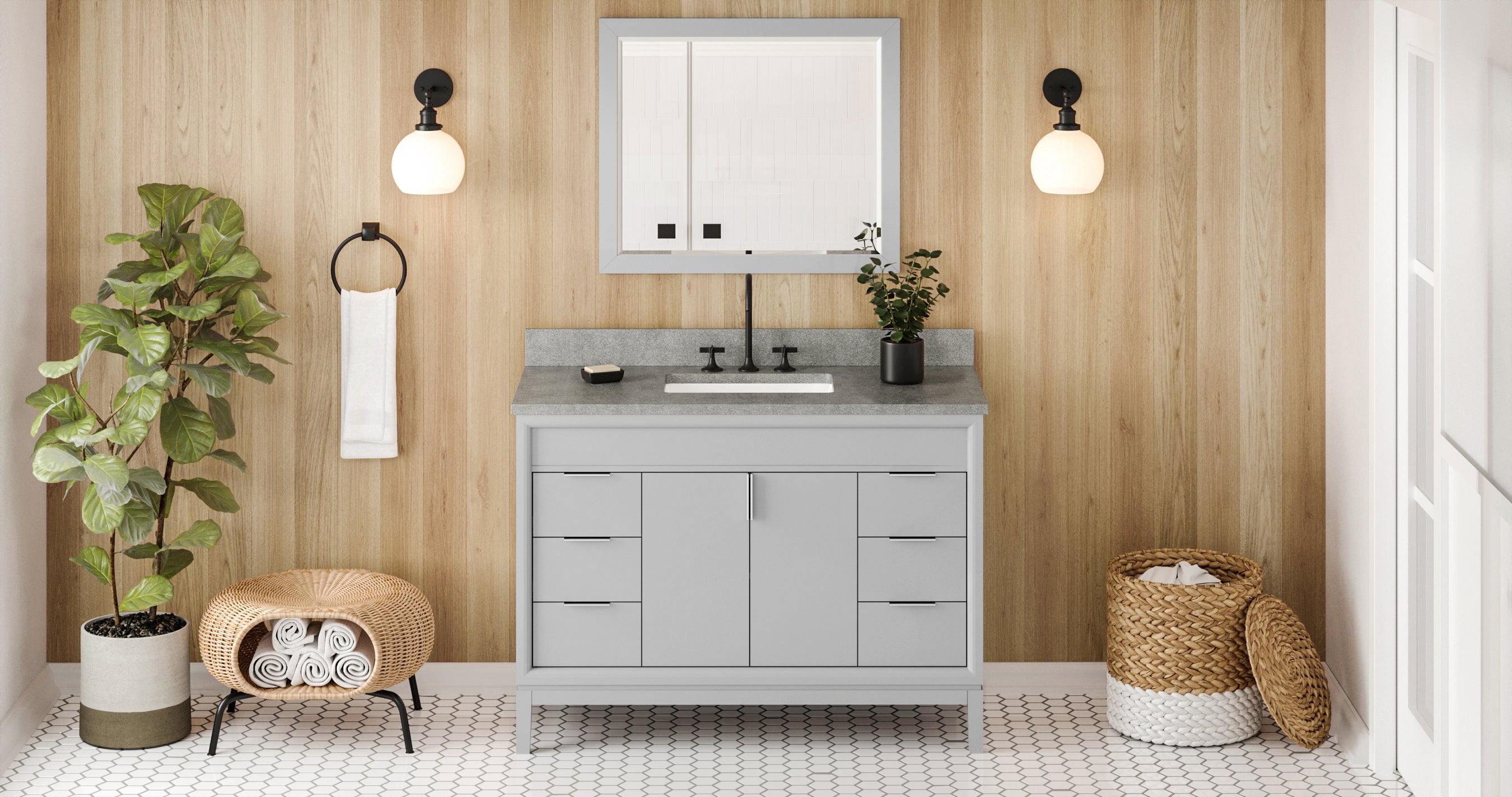 48" Grey Theodora Vanity, Steel Grey Cultured Marble Vanity Top, undermount rectangle bowl | KitchBath