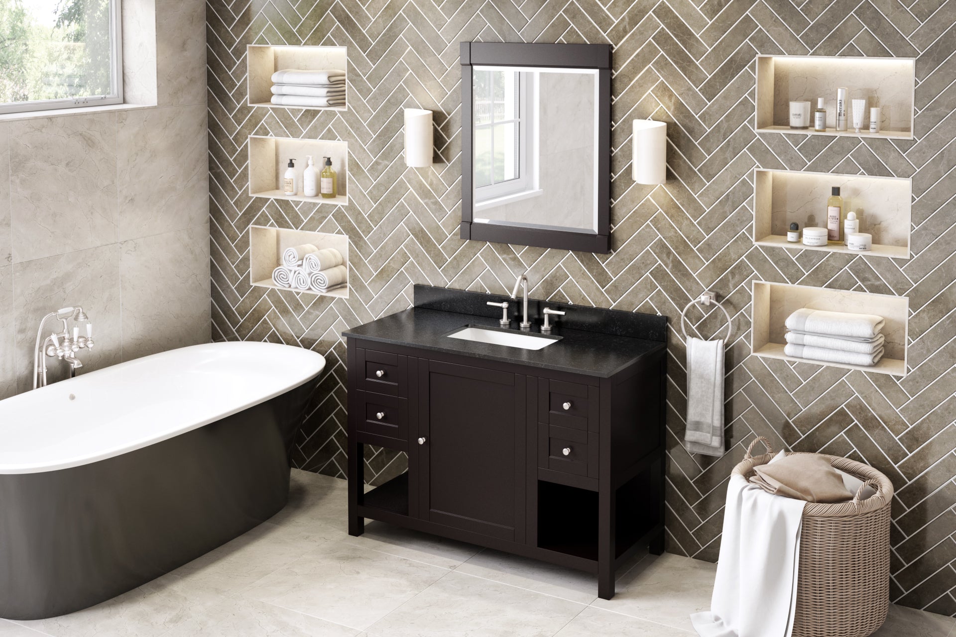 48" Espresso Astoria Vanity, Black Granite Vanity Top, undermount rectangle bowl