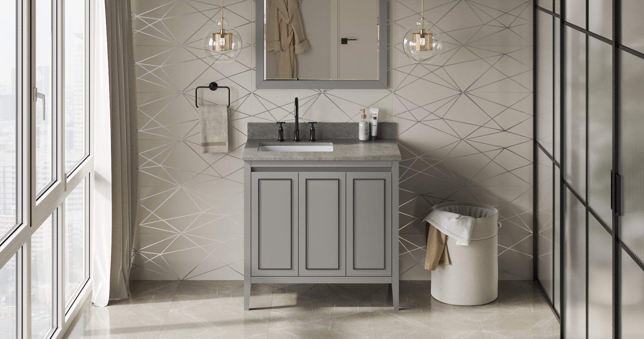 36" Grey Percival Vanity, left offset, Steel Grey Cultured Marble Vanity Top, undermount rectangle bowl | KitchBath