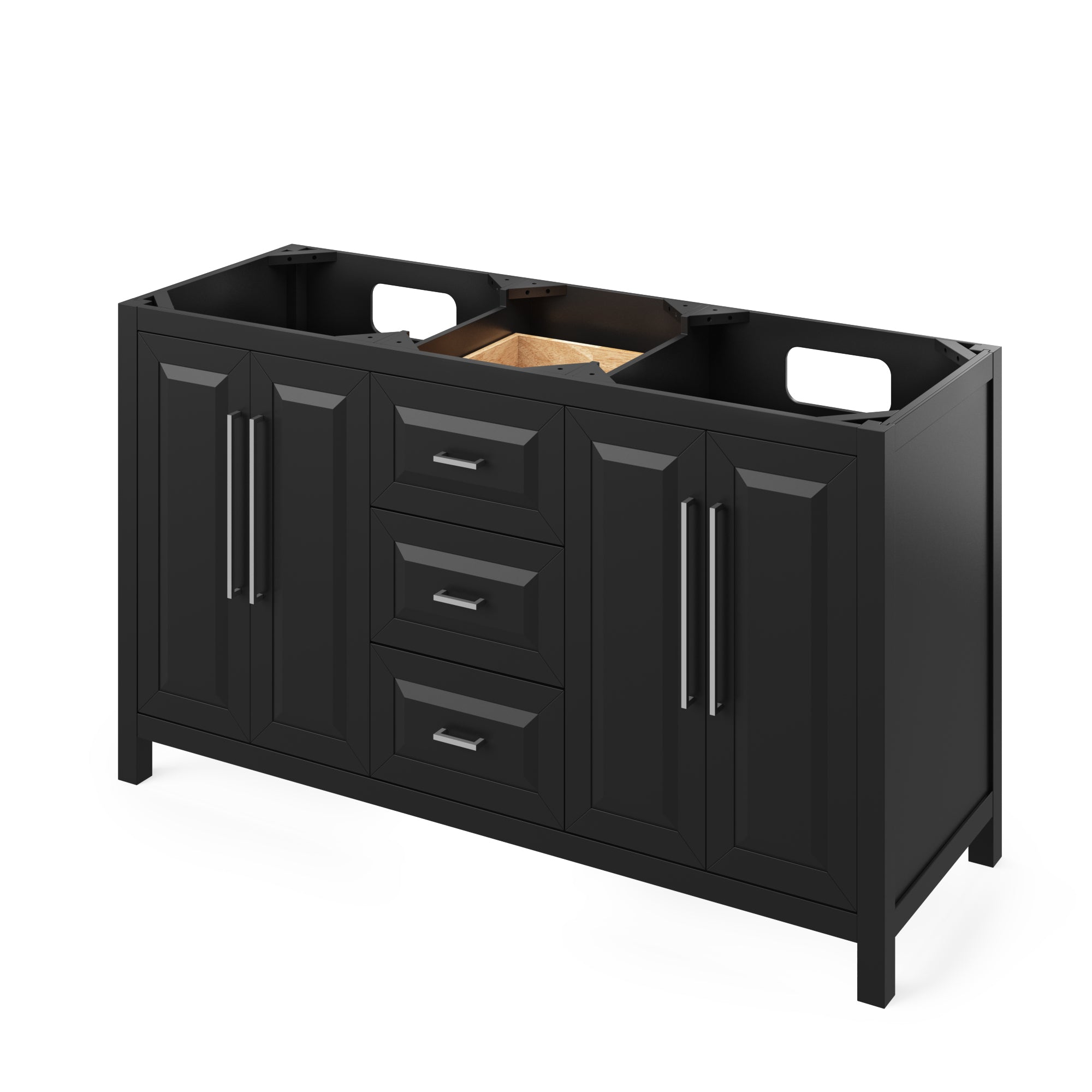 60" Black Cade Vanity, double bowl, White Carrara Marble Vanity Top, two undermount rectangle bowls | KitchBath