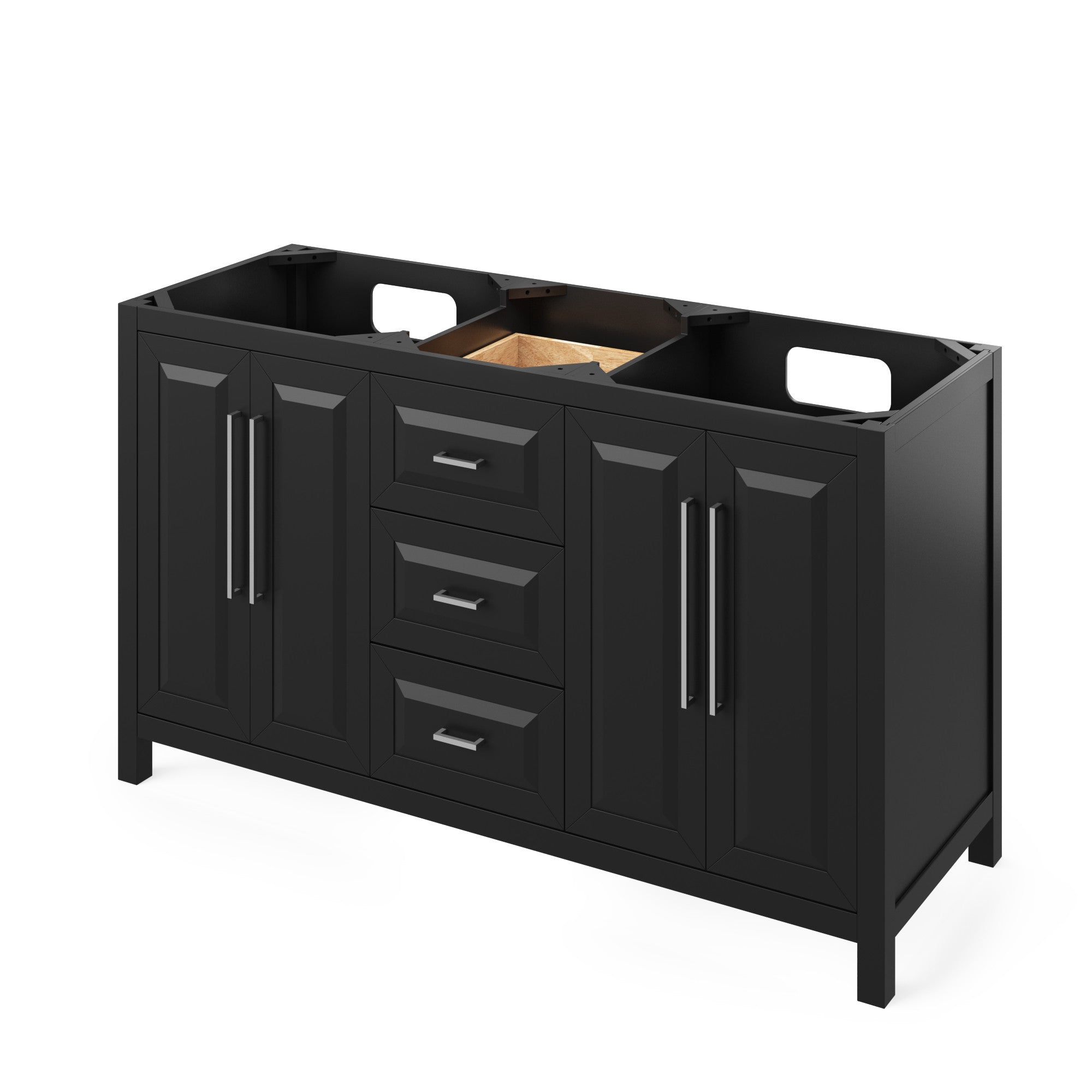 60" Black Cade Vanity, double bowl, White Carrara Marble Vanity Top, two undermount rectangle bowls | KitchBath