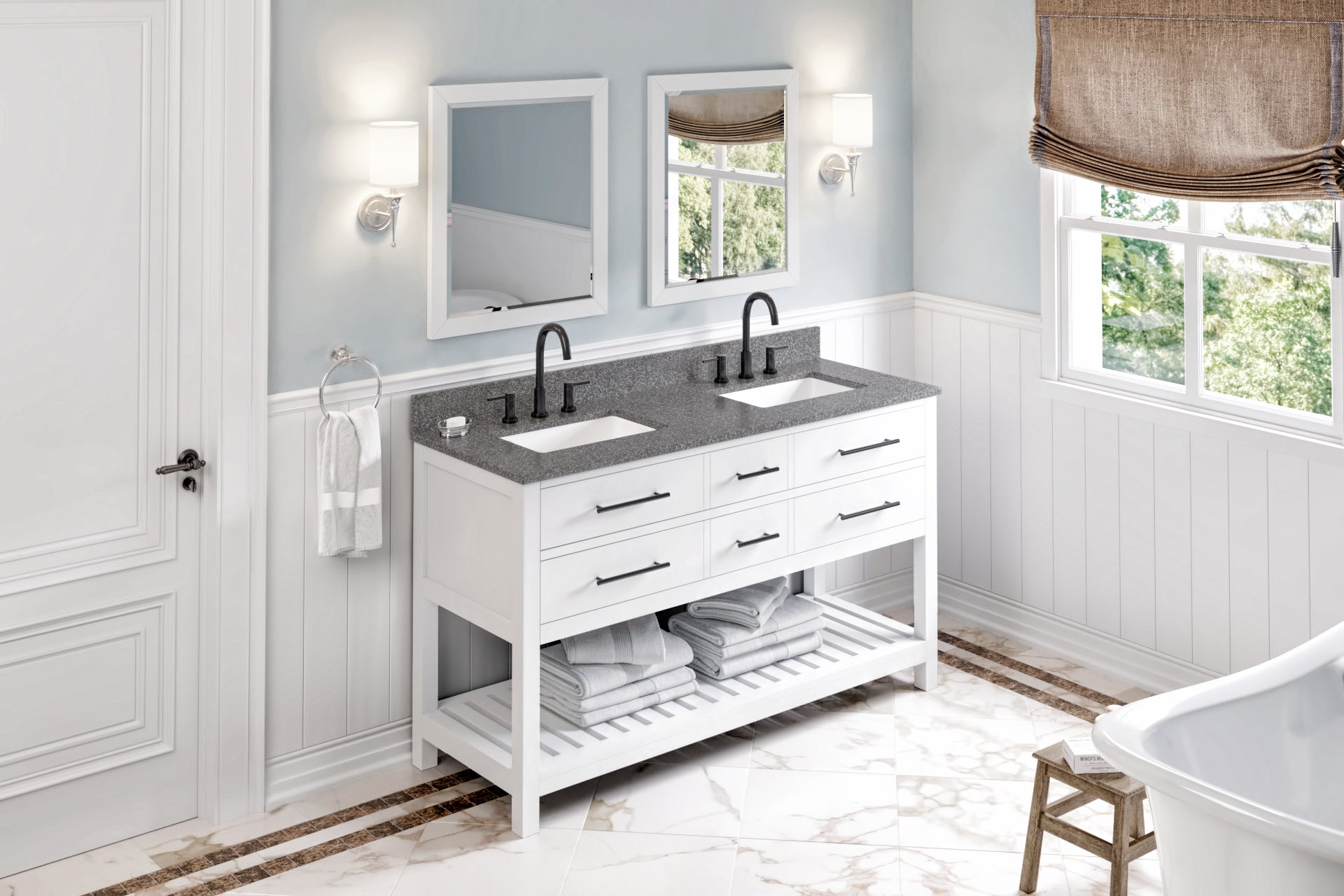60" White Wavecrest Vanity, double bowl, Boulder Cultured Marble Vanity Top, two undermount rectangle bowls
