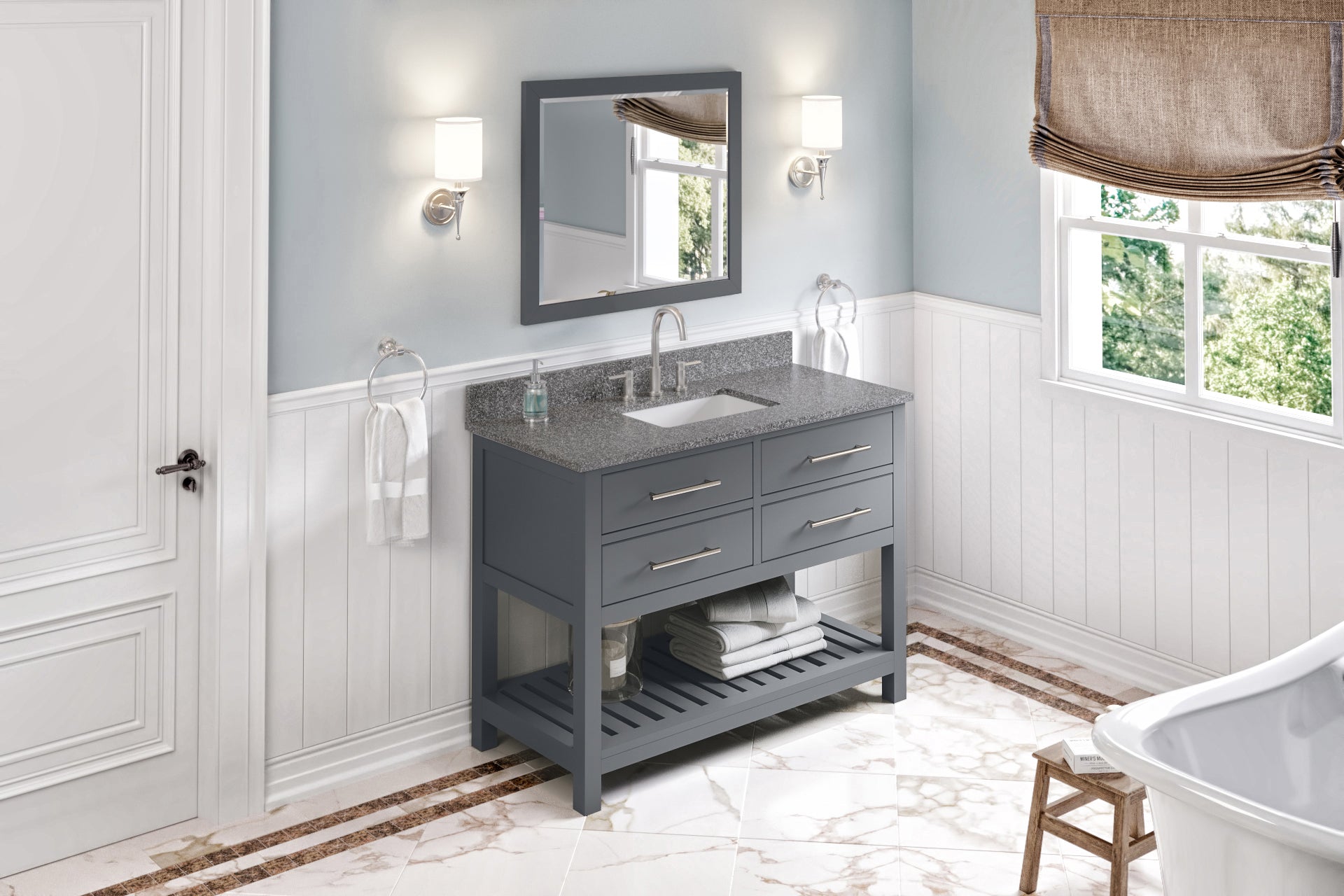 48" Grey Wavecrest Vanity, Boulder Cultured Marble Vanity Top, undermount rectangle bowl