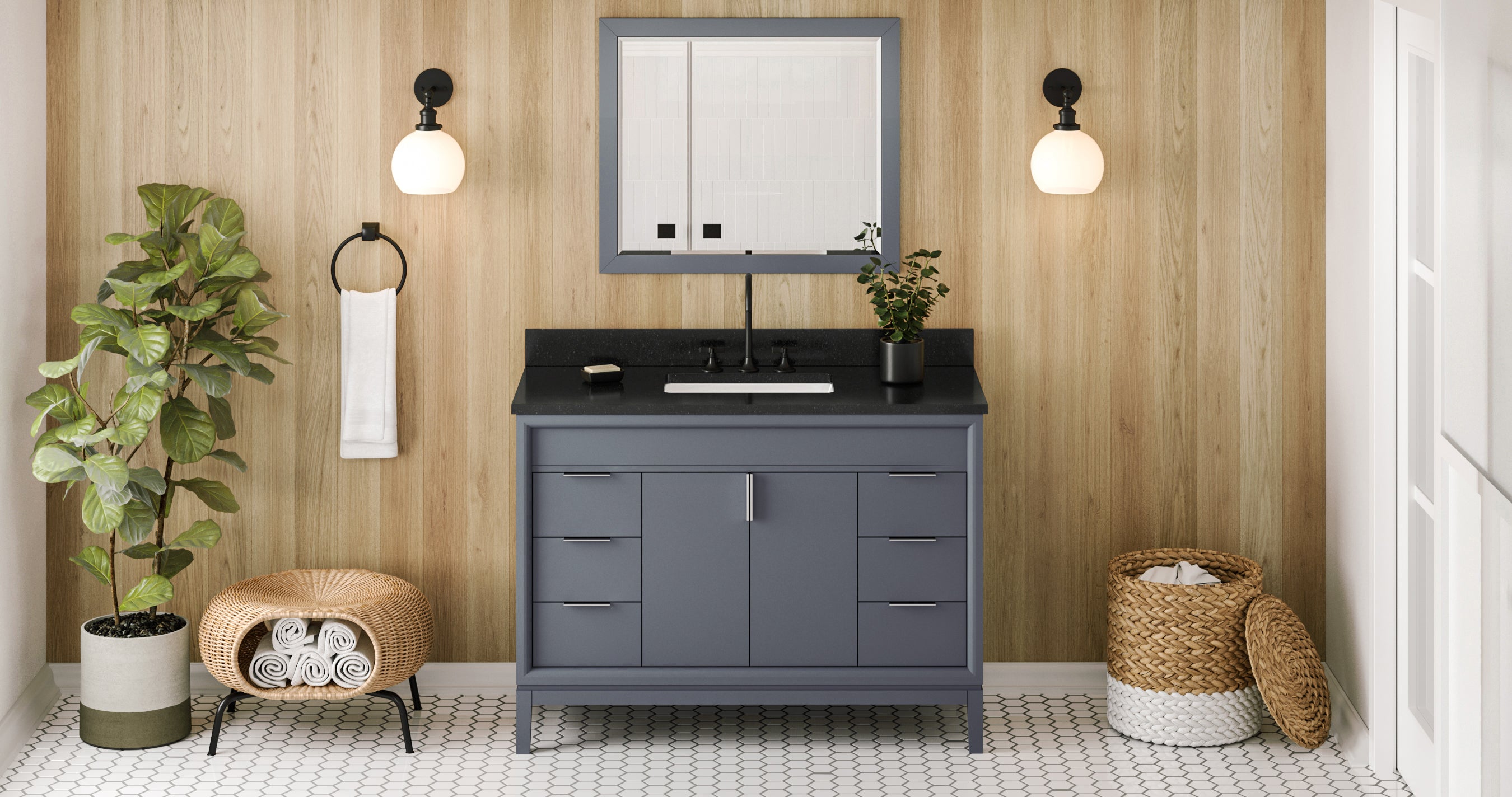 48" Blue Steel Theodora Vanity, Black Granite Vanity Top, undermount rectangle bowl | KitchBath