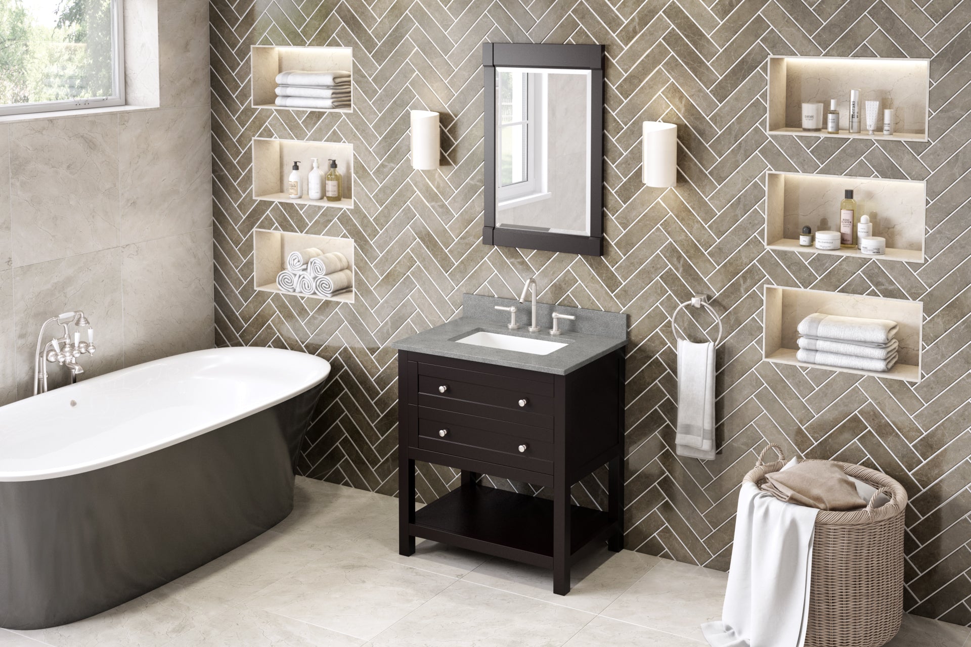 30" Espresso Astoria Vanity, Steel Grey Cultured Marble Vanity Top, undermount rectangle bowl