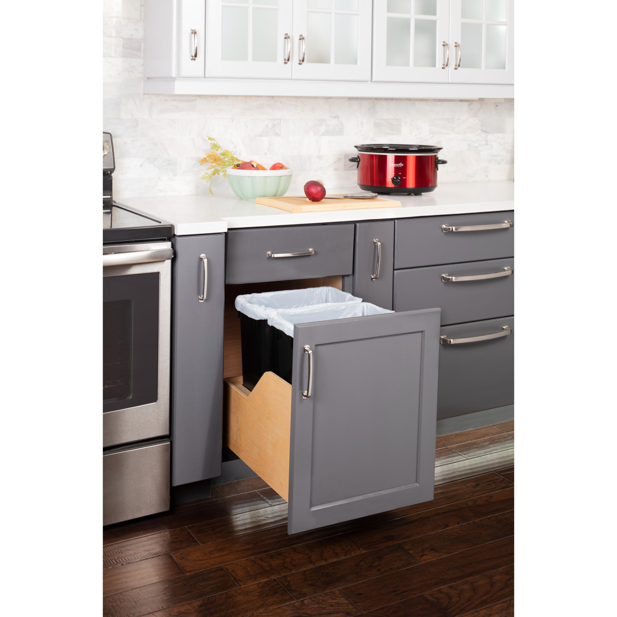 Double 35 Quart Wood Bottom-Mount Soft-close Trashcan Rollout for Door Mounting, Includes Two Black Cans | KitchBath