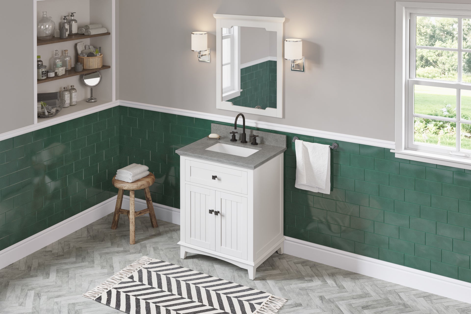 30" White Savino Vanity, Steel Grey Cultured Marble Vanity Top, undermount rectangle bowl