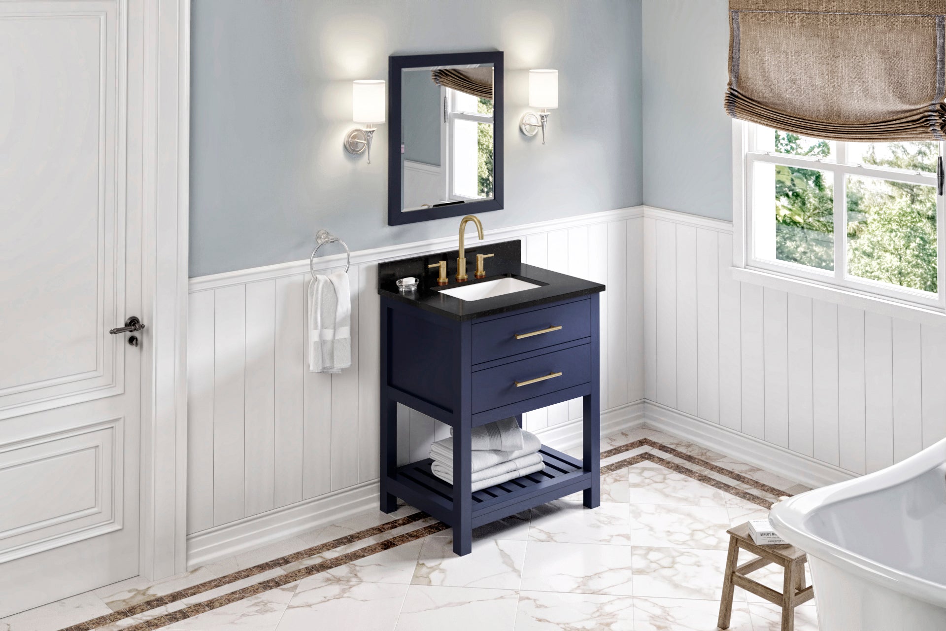 30" Hale Blue Wavecrest Vanity, Black Granite Vanity Top, undermount rectangle bowl