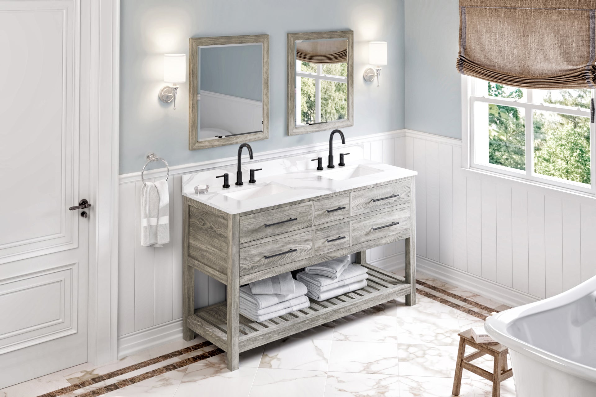 60" Weathered Grey Wavecrest Vanity, double bowl, Calacatta Vienna Quartz Vanity Top, two undermount rectangle bowls | KitchBath