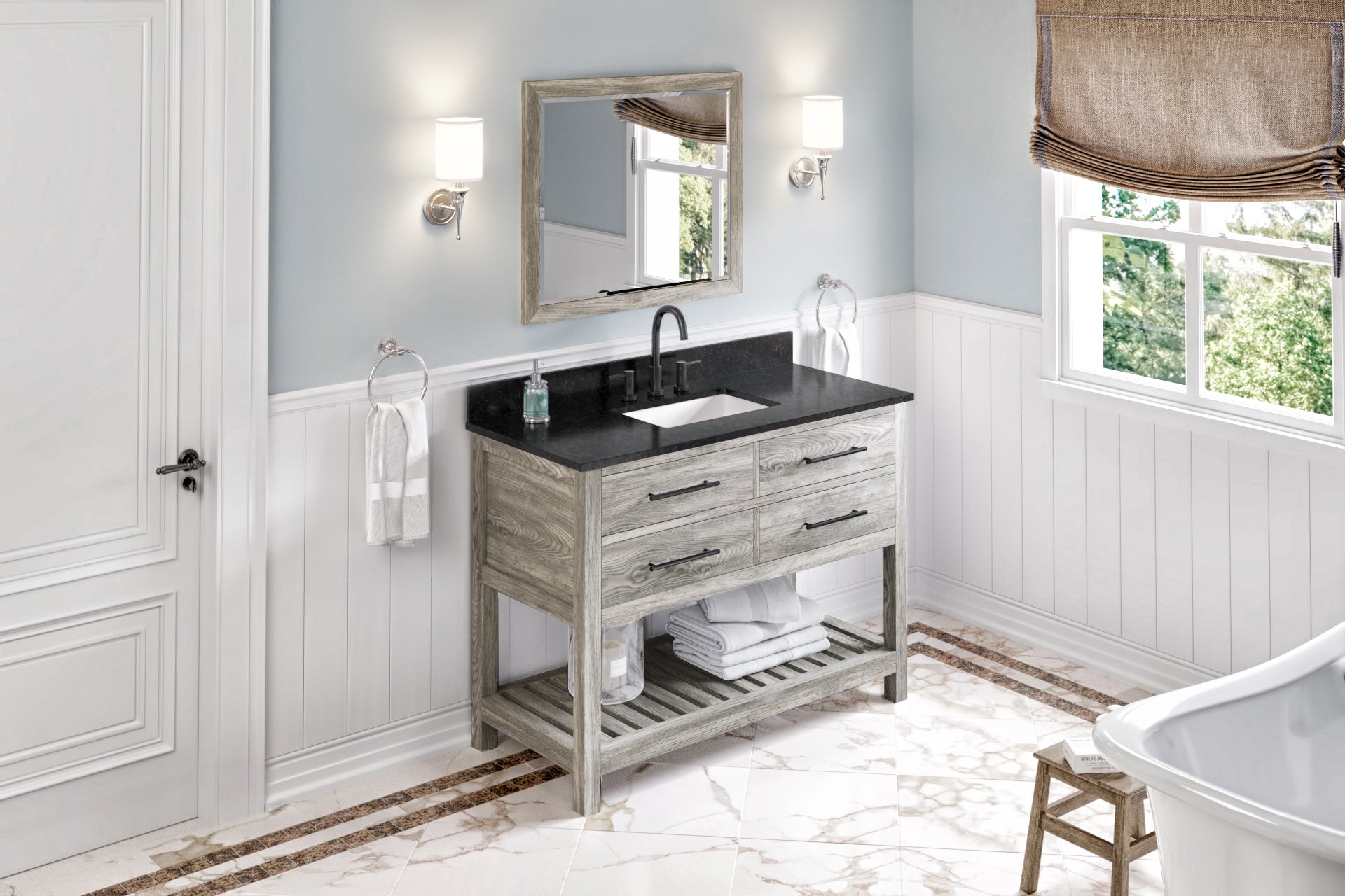 48" Weathered Grey Wavecrest Vanity, Black Granite Vanity Top, undermount rectangle bowl | KitchBath