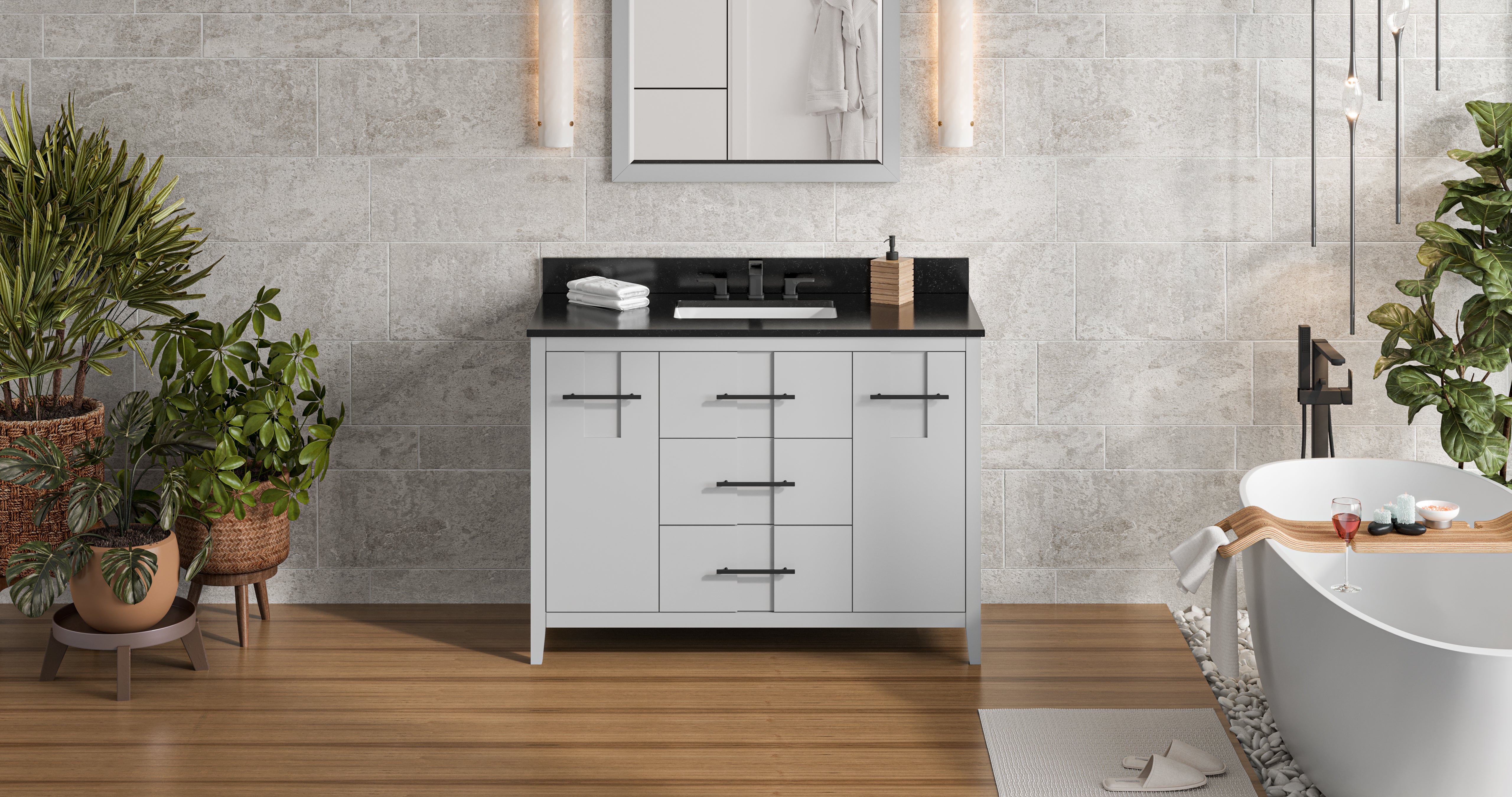 48" Grey Katara Vanity, Black Granite Vanity Top, undermount rectangle bowl | KitchBath