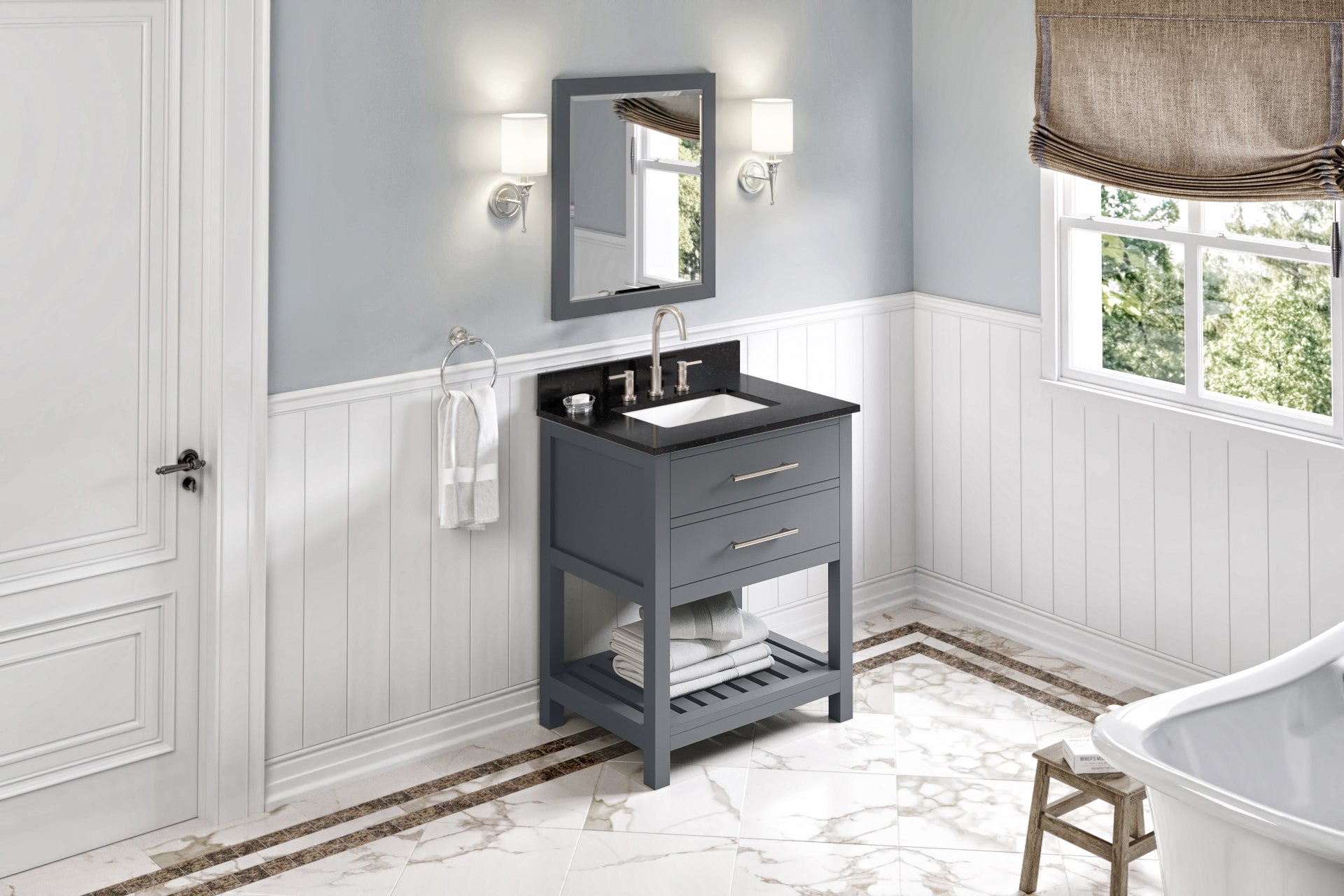 30" Grey Wavecrest Vanity, Black Granite Vanity Top, undermount rectangle bowl