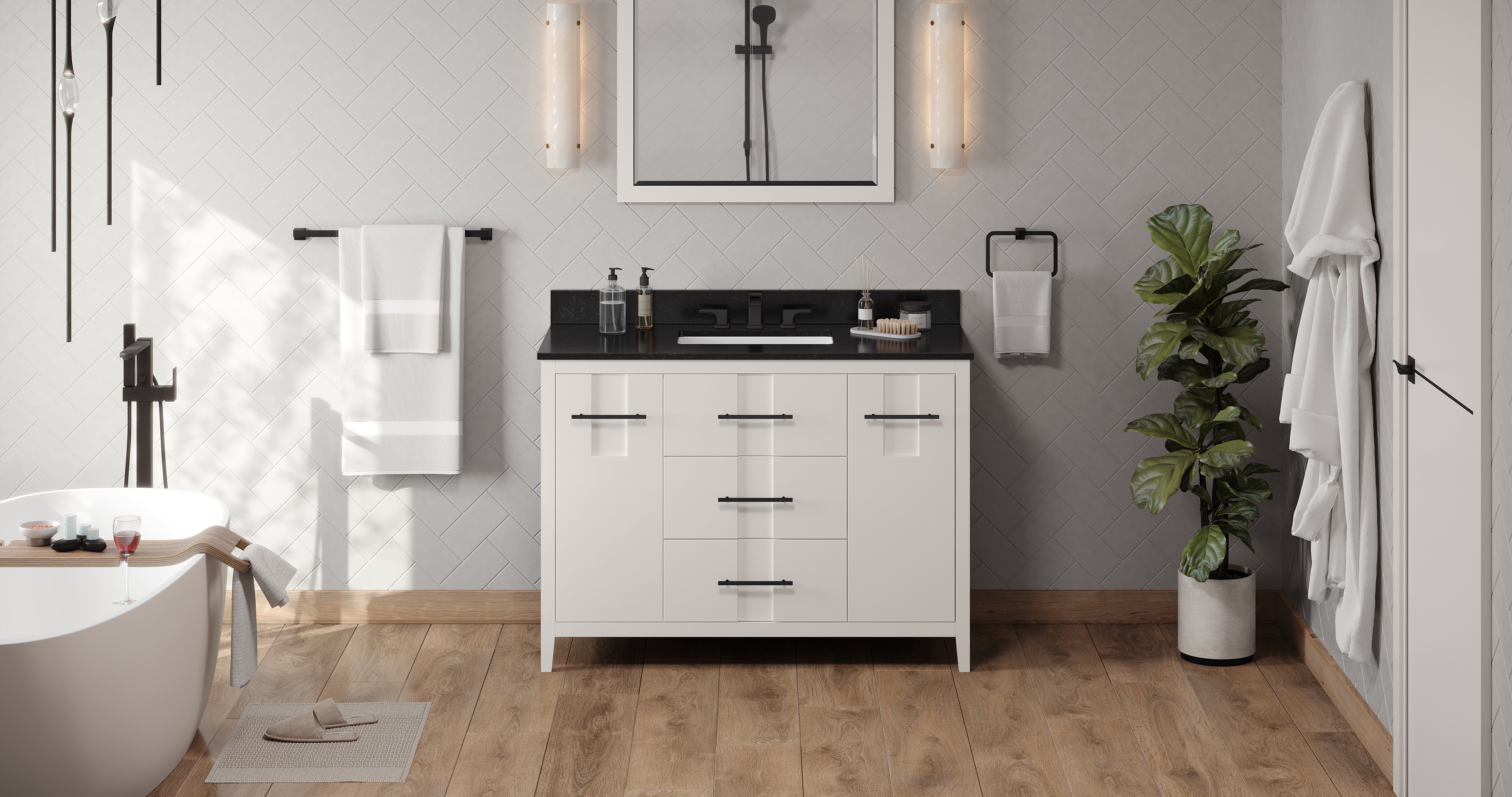 48" White Katara Vanity, Black Granite Vanity Top, undermount rectangle bowl | KitchBath