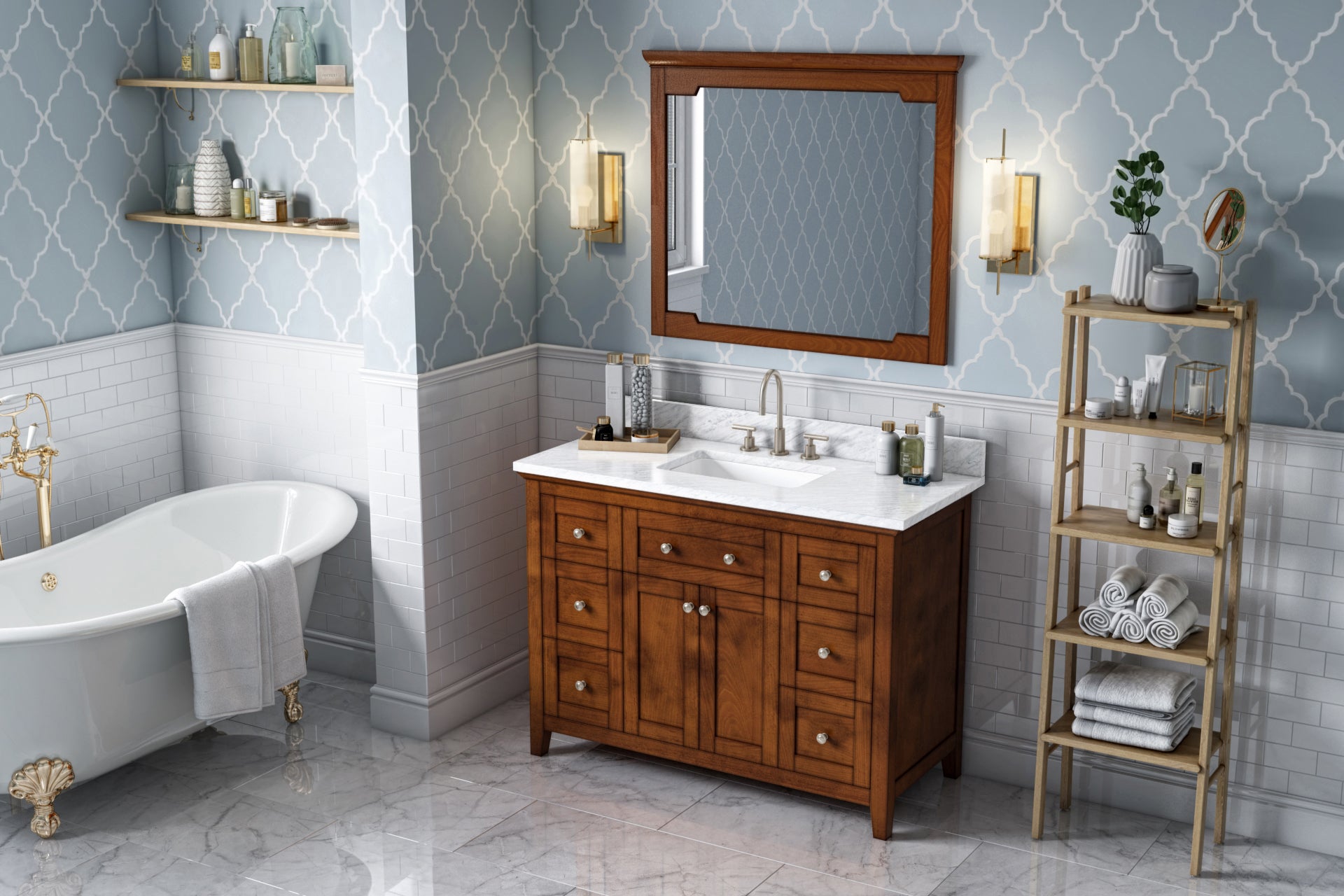 48" Chocolate Chatham Vanity, White Carrara Marble Vanity Top, undermount rectangle bowl