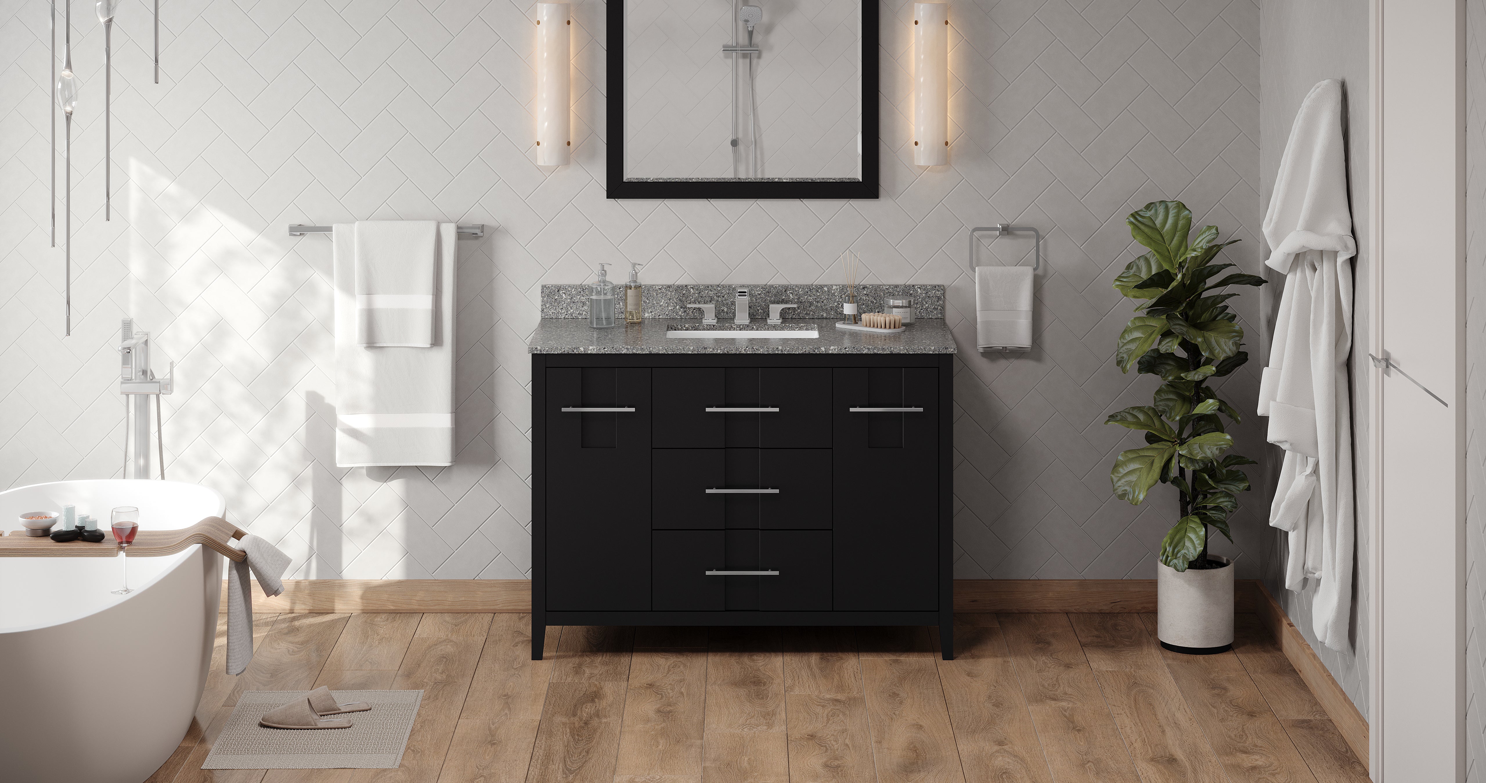 48" Black Katara Vanity, Boulder Cultured Marble Vanity Top, undermount rectangle bowl | KitchBath